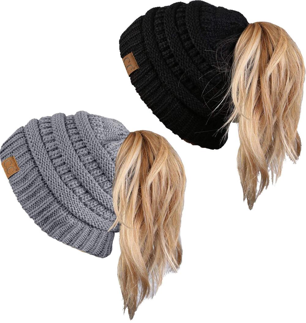 3136 Beanie Buns Messy Bun Beanie 2-Pack Bundle Black Heather Grey